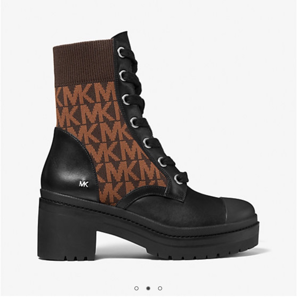 MICHAEL MICHAEL KORS Brea Leather Logo Jacquard Combat Boot New w/out box US 8.5